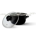 Beste frituurpan voor oliebollen MENASTYL - Frituurpan 20 cm in zwart geëmailleerd staal en chromen rand - Geleverd met deksel en mand voor heerlijke huisgemaakte frietjes - 3645579