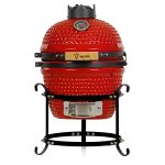 BBQ-Toro Kamado Hairo Houtskoolbarbecue, diameter 32 cm, rood, mini-houtskoolgrill met thermometer en houten handgrepen, ronde keramische grill, keramisch grillei, rookoven, BBQ, kamado BBQ