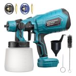 Beste verfspuitmachine Het spuitsysteem is compatibel met Makita 18V accu's en is geschikt voor schuttingen en terrassen. Het wordt geleverd met 3 spuitkoppen en een verfblik van 1000 ml.