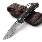 DRACHENADER Elegant Damascus zakmes met lederen schede, smal Vg10 Hoogwaardig éénhandig zakmes met riemclip Houten handvat
