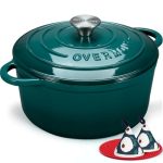 Overmont Braadpan van emaille gietijzer, stoofpan, 26 cm, geschikt voor de oven, met deksel en kookboek, voor keuken, bakken, smoren, braden, zeeblauw