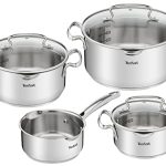Tefal Duetto Set 7-delig: 3 kookpannen 16/20/24 cm, 1 steelpan 16 cm, 3 deksels, roestvrij staal, 3 glazen deksels, maatmarkeringen, alle warmtebronnen geschikt voor oven en vaatwasser