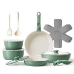 Redchef keramische pannenset met afneembare handgreep, 16-delig.Pannen Afneembare handgreep Inductie, ruimtebesparend kookgerei (PTFE-vrij PFAS-vrij PFOA-vrij), oven- en vaatwasmachinebestendig(Groen)