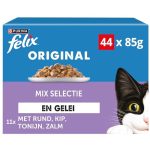 Felix Mix Selectie in Gelei Kattenvoer, Natvoer maaltijdzakjes met Rund, Kip, Zalm & Tonijn, 44 x 85g (44 maaltijdzakjes; 3,7kg)