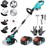 Beste bosmaaier Grastrimmer met accu, elektrische grastrimmer met 2 x 4,0 Ah accu's en opladers, bosmaaier met onkruidborstel, borstelloze motor van 1000 W, elektrische trimmer, tuinrandfrees voor tuin en gazon