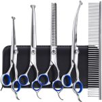 Gimars 4CR roestvrijstalen hondenverzorgingsschaarset met veiligheid ronde punt, zware titanium gecoate huisdierverzorgingstrimmerkit - dunner, rechte, gebogen schaar kam voor huisdier voor huisdier