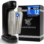 Luckymoose Infinity Bruiswatertoestel met 2 x 1,25 l duurzame, vaatwasserbestendige roestvrijstalen flessen, CO2-besparend bruiswaterapparaat, compatibel met de blauwe 60 l CO2-cilinders