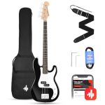 Donner Elektrische basgitaar 4-snarige P-stijl bas full size voor beginners met tas, gitaarriem, gitaarkabel (zwart)