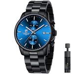 Beste automatische horloges Herenhorloges met roestvrij staal en metaal. Casual waterdicht chronograaf quartzhorloge, met automatische datum en kleurrijke wijzers., Zwart Blauw 2, Klassiek