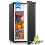 FOHERE Kleine koelkast met vriesvak van 90L, groentebak, verstelbare thermostaat, stil, kleine kantoorkoelkast, omkeerbare deur, koelkast voor slaapzaal, slaapkamer, Zwart
