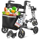 KESSER® Rollator Lichtgewicht | Aluminium Rollatorset driemaal opvouwbaar met Zitfunctie voor Binnen en Buiten | looprek in hoogte verstelbaar inclusief Rollator-Tas, Stokhouder en Rugband, Zwart