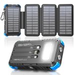 Solar Powerbank 26800mAh met 4 Zonnepanelen, Powerbank USB C 15W Snelladen 5 Uitgangen met 3 Kabels, Waterdichte Externe Accu voor Buitengebruik met Karabijnhaak en Zaklampen voor Tablets