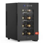 Beste wijnkoelkast WIE Wijnkoelkast, 8 flessen, drankkoelkast, 23 liter, kleine 5-18 °C, wijnkoelkast met glazen deur, volledig glazen designdeur, led-touchpaneel, anti-uv mini-wijnkoelkast