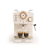 CREATE/THERA RETRO/Espressomachine Mat Gebroken Wit en Hout/ESE gemalen koffie en pods, halfautomatische koffiemachine met 15 bar drukpomp en 1100W vermogen, glanzende afwerking