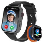 Smartwatch voor kinderen, 4G, met GPS, telefoon voor meisjes en jongens, met SOS, kat, videogesprek, wifi, klassenmodus, wekker, camera, spelletjes, cadeau van 4 tot 12 jaar, zwart