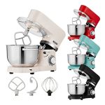 Arebos Keukenmachine 1500W Cream | Mixer met 2x roestvrijstalen mengkommen | Geluidsarm | Keukenmixer met klopperhaak, kneedhaak, garde en spatscherm | 6 snelheden